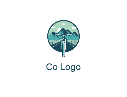 travel logo with bike leaving behind a road and mountains