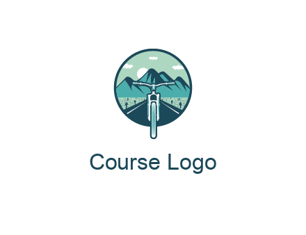 travel logo with bike leaving behind a road and mountains