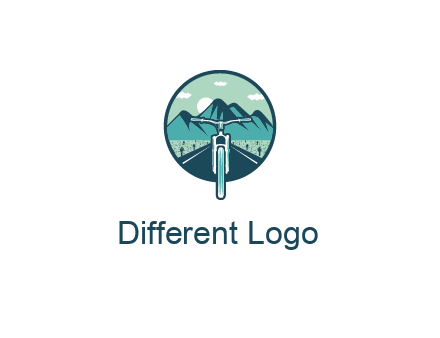 travel logo with bike leaving behind a road and mountains
