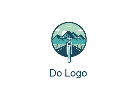 travel logo with bike leaving behind a road and mountains