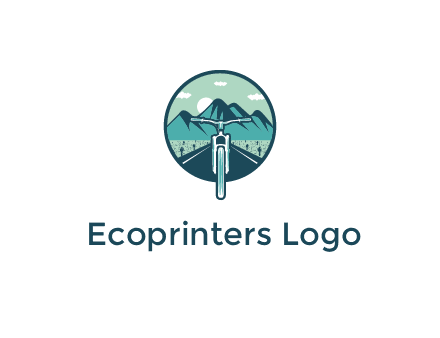 travel logo with bike leaving behind a road and mountains
