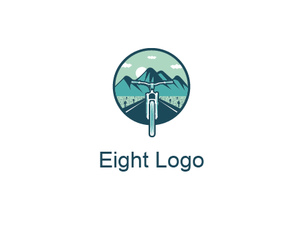 travel logo with bike leaving behind a road and mountains