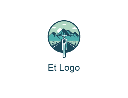 travel logo with bike leaving behind a road and mountains