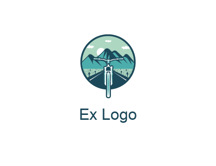 travel logo with bike leaving behind a road and mountains