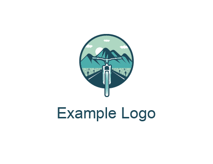 travel logo with bike leaving behind a road and mountains