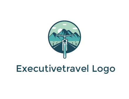 travel logo with bike leaving behind a road and mountains