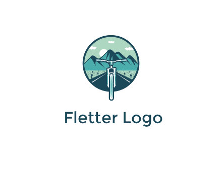 travel logo with bike leaving behind a road and mountains