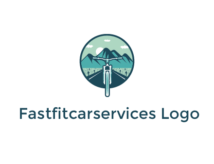 travel logo with bike leaving behind a road and mountains
