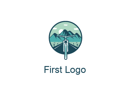 travel logo with bike leaving behind a road and mountains