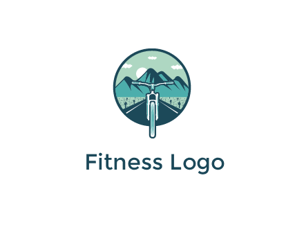 travel logo with bike leaving behind a road and mountains