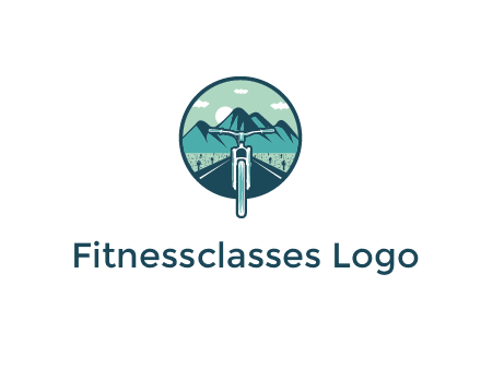 travel logo with bike leaving behind a road and mountains