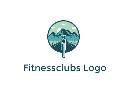 travel logo with bike leaving behind a road and mountains