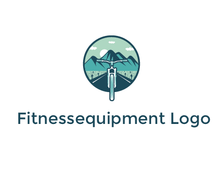 travel logo with bike leaving behind a road and mountains