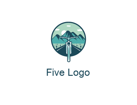 travel logo with bike leaving behind a road and mountains