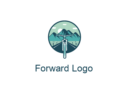 travel logo with bike leaving behind a road and mountains