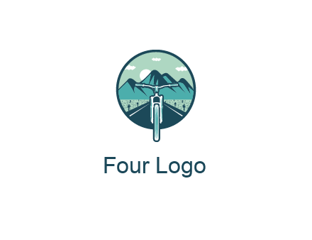 travel logo with bike leaving behind a road and mountains