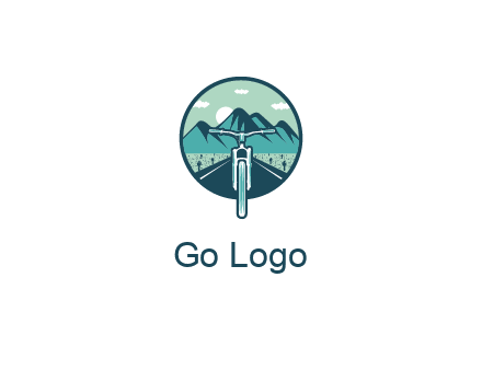 travel logo with bike leaving behind a road and mountains