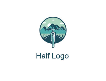 travel logo with bike leaving behind a road and mountains
