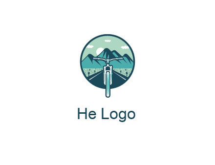 travel logo with bike leaving behind a road and mountains