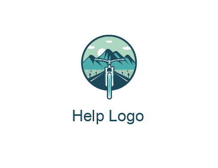 travel logo with bike leaving behind a road and mountains