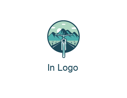 travel logo with bike leaving behind a road and mountains