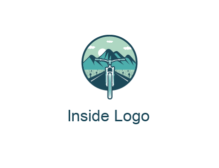 travel logo with bike leaving behind a road and mountains
