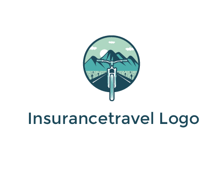 travel logo with bike leaving behind a road and mountains