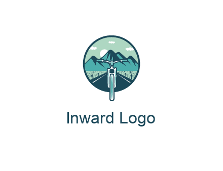 travel logo with bike leaving behind a road and mountains