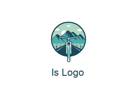travel logo with bike leaving behind a road and mountains