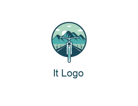 travel logo with bike leaving behind a road and mountains