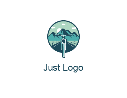 travel logo with bike leaving behind a road and mountains