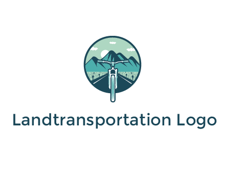 travel logo with bike leaving behind a road and mountains