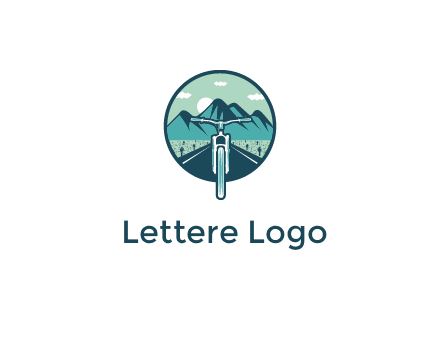 travel logo with bike leaving behind a road and mountains