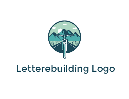 travel logo with bike leaving behind a road and mountains