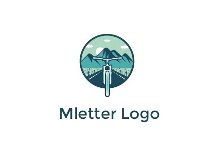 travel logo with bike leaving behind a road and mountains