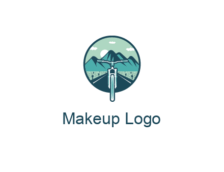 travel logo with bike leaving behind a road and mountains