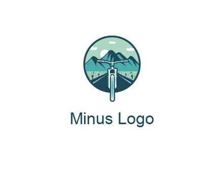 travel logo with bike leaving behind a road and mountains