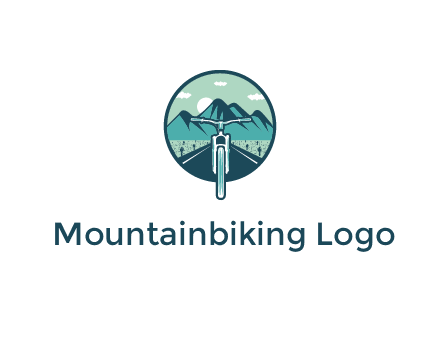 travel logo with bike leaving behind a road and mountains