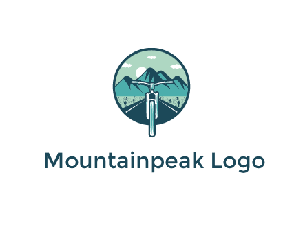 travel logo with bike leaving behind a road and mountains