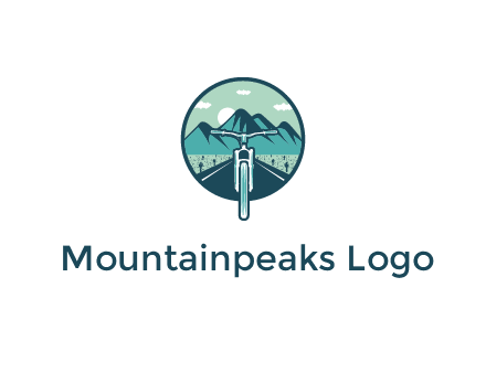 travel logo with bike leaving behind a road and mountains