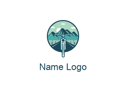 travel logo with bike leaving behind a road and mountains