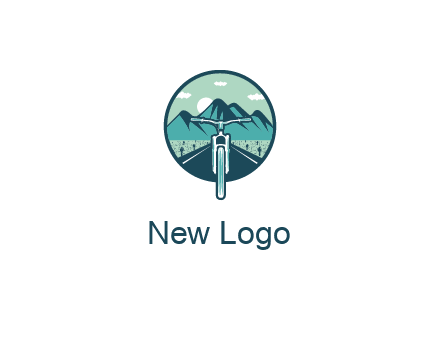 travel logo with bike leaving behind a road and mountains