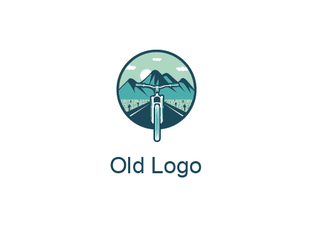 travel logo with bike leaving behind a road and mountains