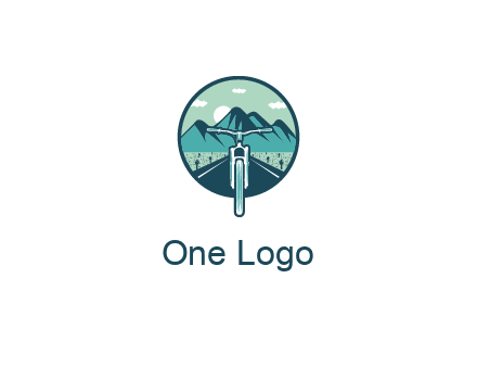 travel logo with bike leaving behind a road and mountains