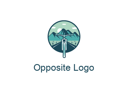 travel logo with bike leaving behind a road and mountains