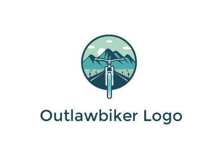 travel logo with bike leaving behind a road and mountains