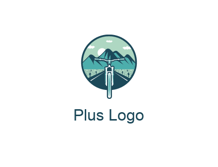 travel logo with bike leaving behind a road and mountains