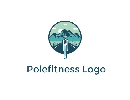travel logo with bike leaving behind a road and mountains