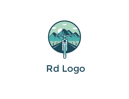 travel logo with bike leaving behind a road and mountains