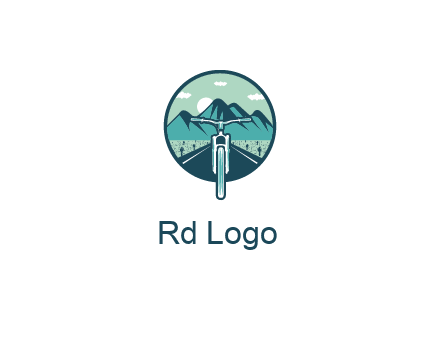 travel logo with bike leaving behind a road and mountains